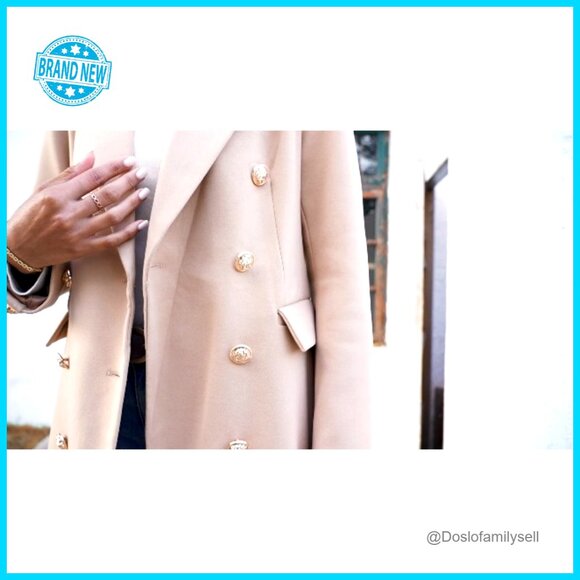 Elegant Notched Collar Double Button Slim Long Wool Blend Pea Coat Jacket - Picture 7 of 7